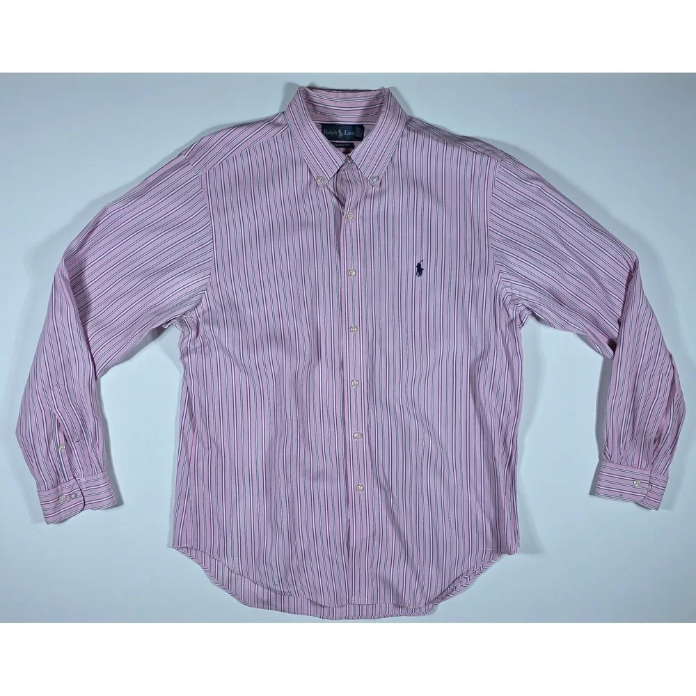 Ralph Lauren Men's Classic Fit Striped Button Down Pink Navy Blue 16.5 34/35